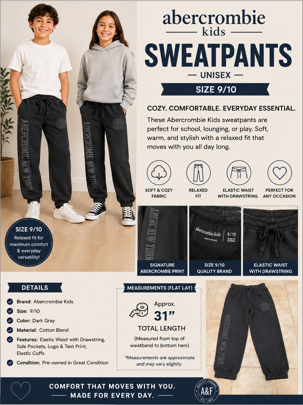 Abercrombie Kids Sweatpants Size 9/10 Unisex Dark Gray Logo Jogger Pants